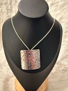 Hammered Square Sterling Silver Pendant Necklace
